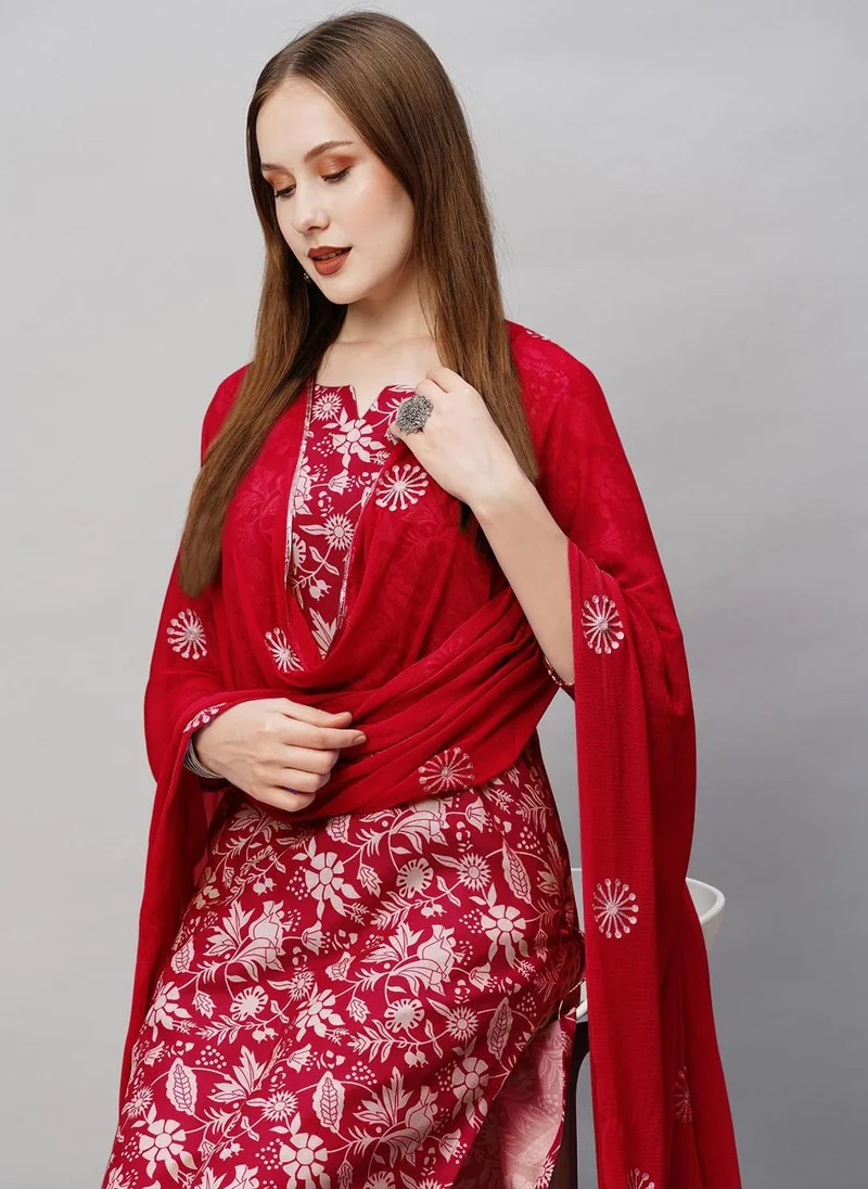 GoSriKi  GoSriKi Women's Cotton Blend Straight Printed Kurta with Pant & Dupatta (MEI Red-GS_L_Red_Large) for Women | Best Price UAE